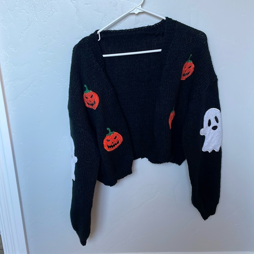 Halloween Pattern Open Front Knit Cardigan, Casual Long Sleeve Crop Sweater